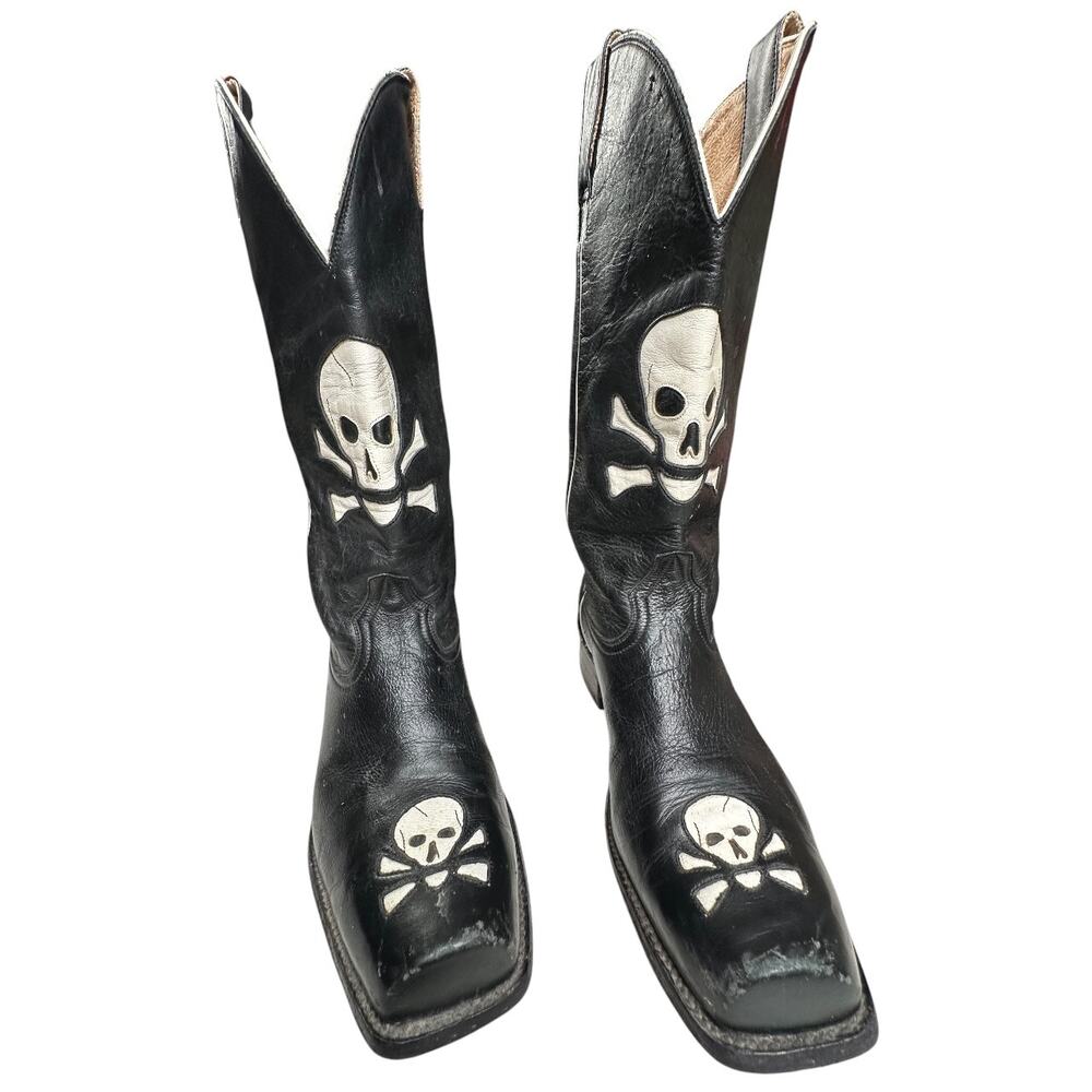 Vintage T.U.K. Leather Skull & Crossbones Cowboy Boots Black Gothic Western
